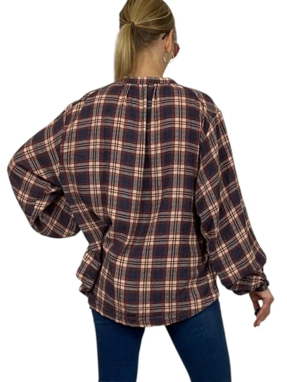 Free People Northern Bound Pullover Top Shirt S Plaid Moonlit Combo Wool Blend
